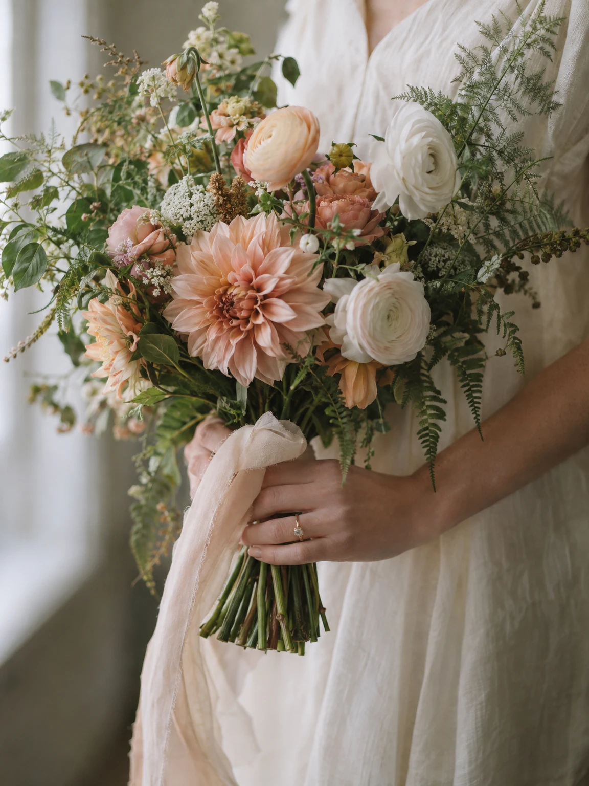 A bride's hands holding a loose wildflower bouquet
