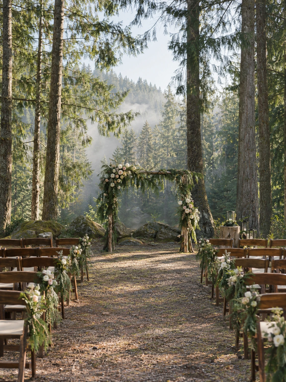 Wooden chairs and a cedar arch with flowers in an evergreen forest clearing