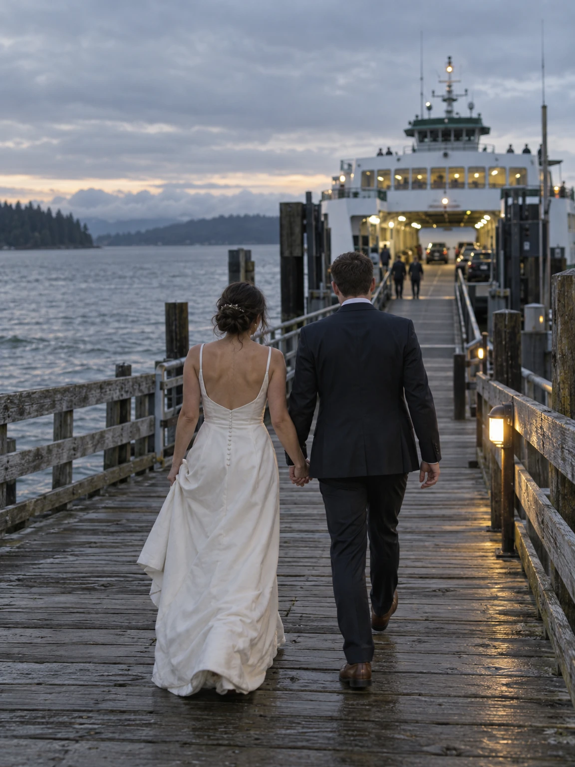 A couple walking hand in hand along a wooden pier toward a ferry at blue hour